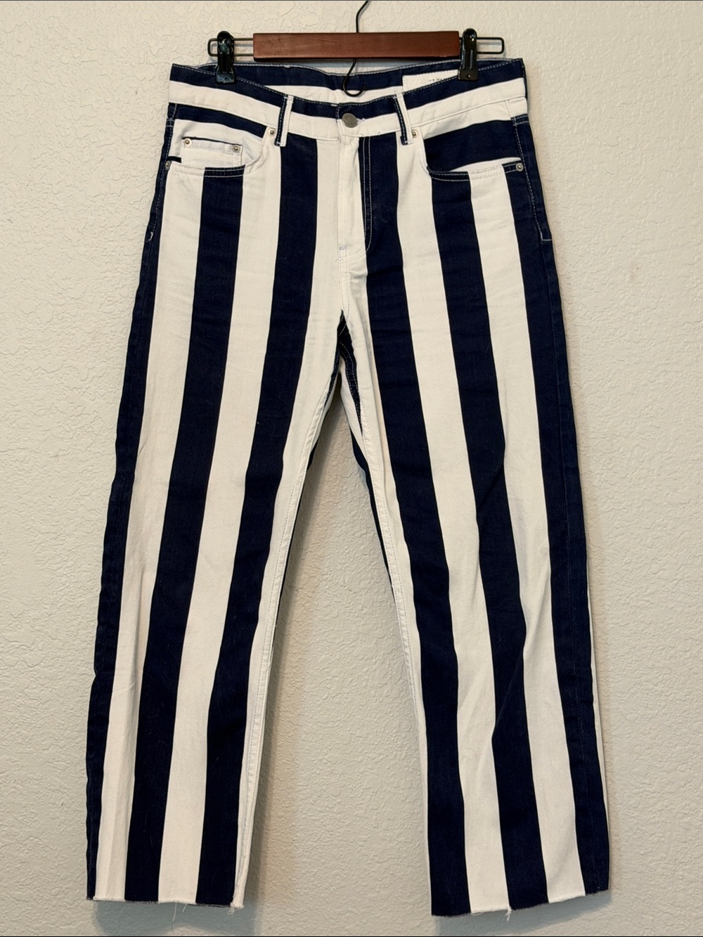 Zara Navy & White Vertical Stripe Straight-Leg Jeans